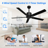 BECLOG Ceiling Fan with Remote Control, Ceiling Fans 52" Outdoor/Indoor with 6 Speeds Reversible DC Motor Ceiling Fans No Lights Modern Black for Kitchen, Living Room, Farmhouse, Patios BECLOG
