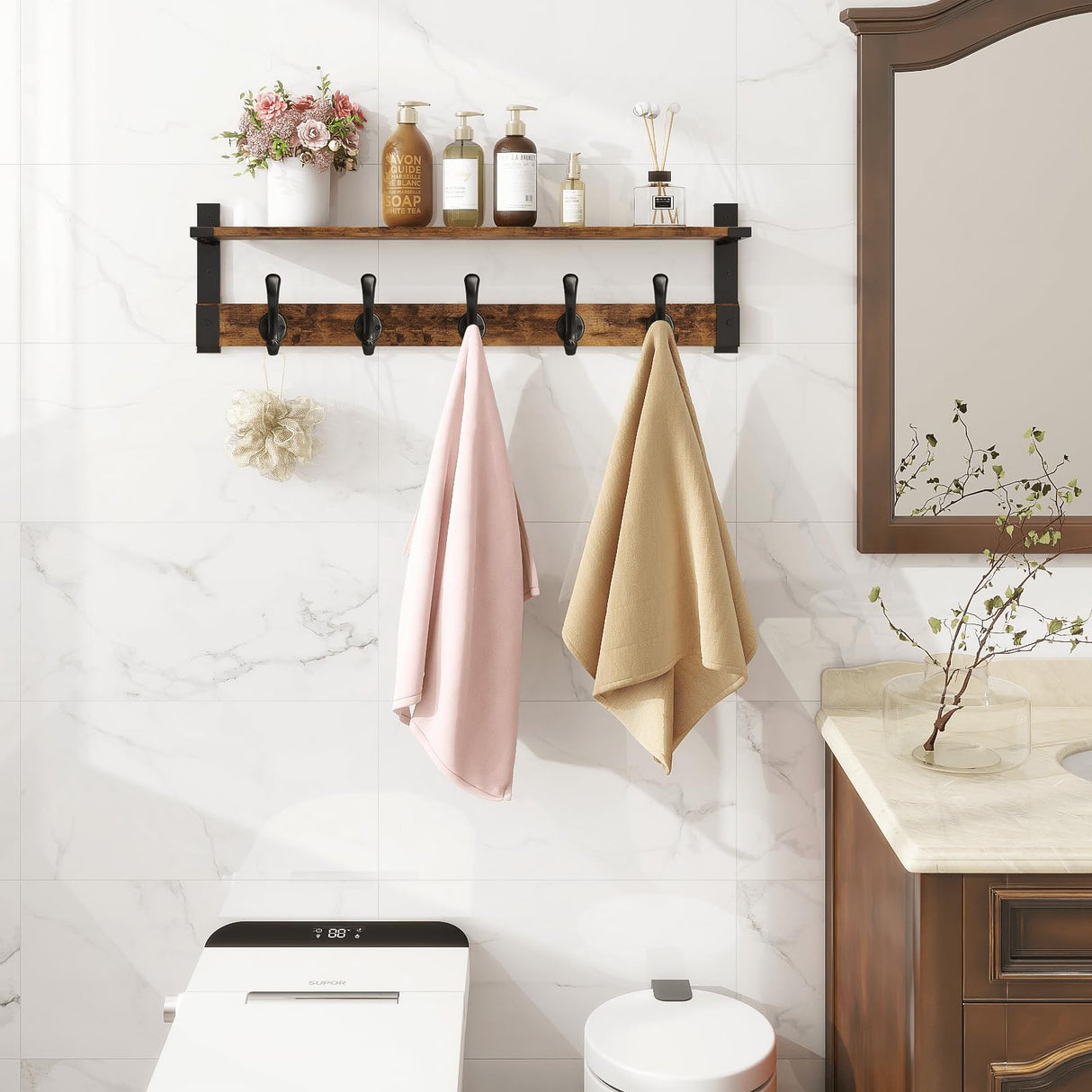 Homode Coat Rack Wall Mount, 29 Inch Long Shelf with Hooks, Wood Entryway Shelf with 5 Hangers for Hanging Hat Jacket Backpack Purse, Rustic Brown Black Homode