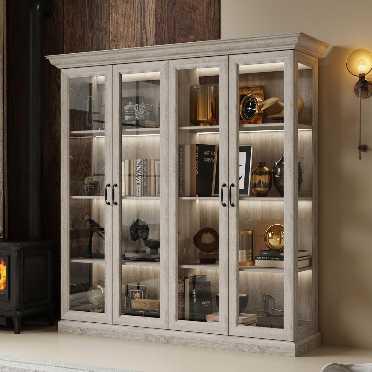 TAMUNE Display Cabinet with Lights, Bookcase Display Case Cabinet with 4 Glass Doors and 4-Tier Shelves, for Collectible, Grey Wood Grain 18.7" D x 68.5" W x 69.1" H TAMUNE