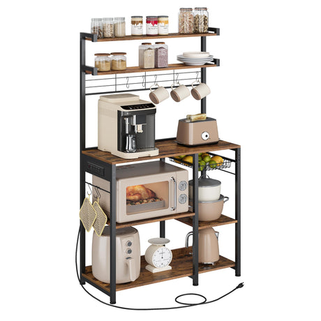 VASAGLE Bakers Rack with Power Outlet, 35.4 Inches Microwave Stand, Coffee Bar, 4 AC Outlets, with Adjustable Shelves, 8 S-Hooks, Basket, Spice Racks, Rustic Brown and Ink Black UKKS031K01 VASAGLE