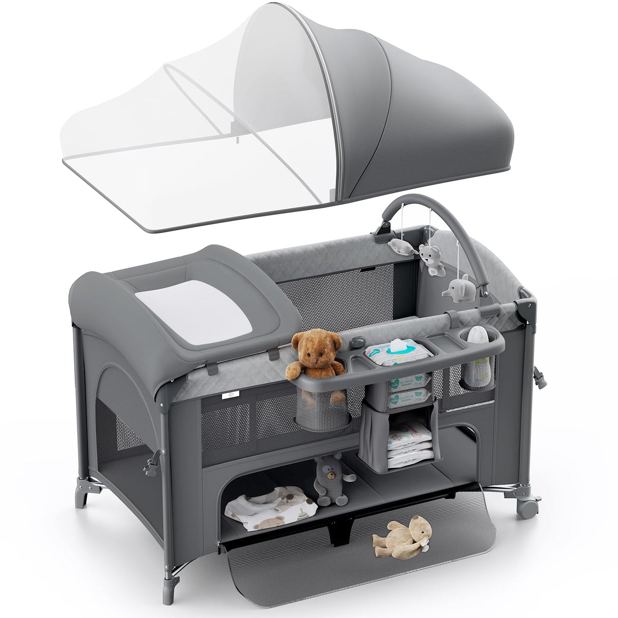 Obee Odee 4 in 1 Baby Bassinet, Pack and Play, Bedside Crib Sleeper, Diaper Changer - Comes with Mattress, Mosquito Net，Bottom Storage and Toy Bar for Newborn to Toddles Obee Odee