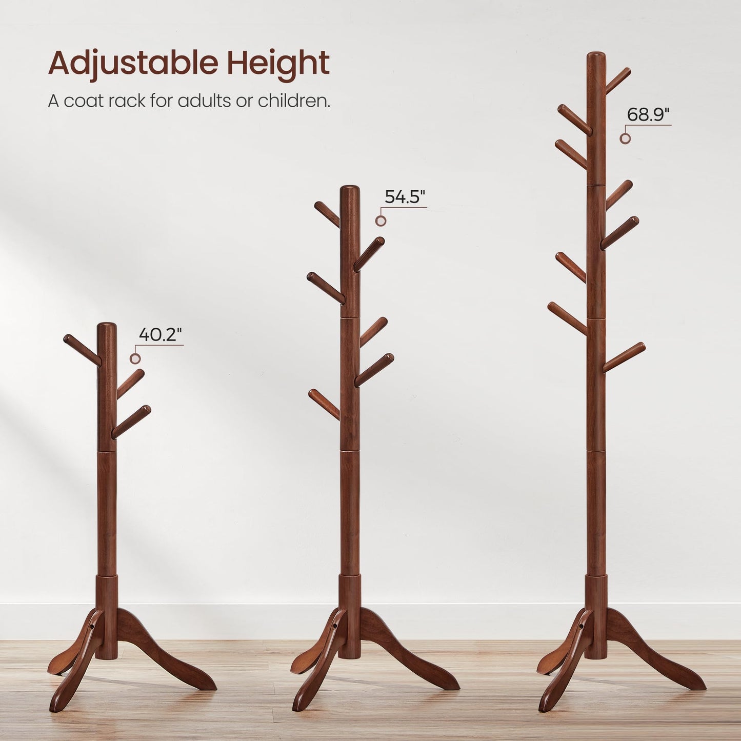 VASAGLE Solid Wood Coat Rack, Free Standing Coat Rack, Tree-Shaped Coat Rack with 8 Hooks, 3 Height Options, for Clothes, Hats, Bags, for Living Room, Bedroom, Home Office, Dark Walnut URCR01 - WoodArtSupply