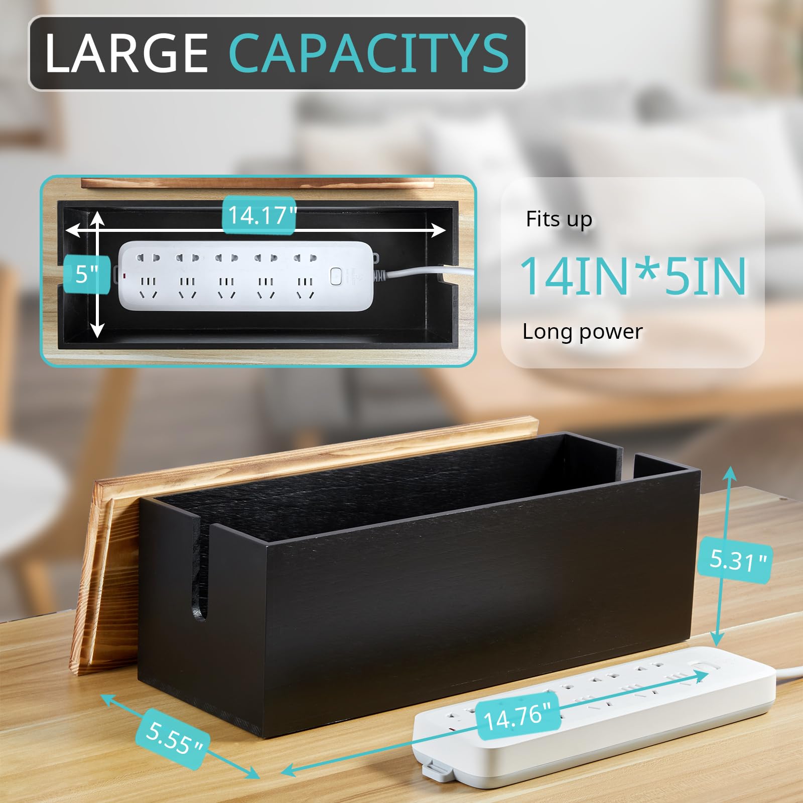 Bivvclaz Large Cable Management Box, Wooden Cord Organizer Box for Under Desk TV Computer Router USB Hub to Cover and Hide Extension Cords Power Stripes Surge Protectors Chargers Wires, Black - WoodArtSupply