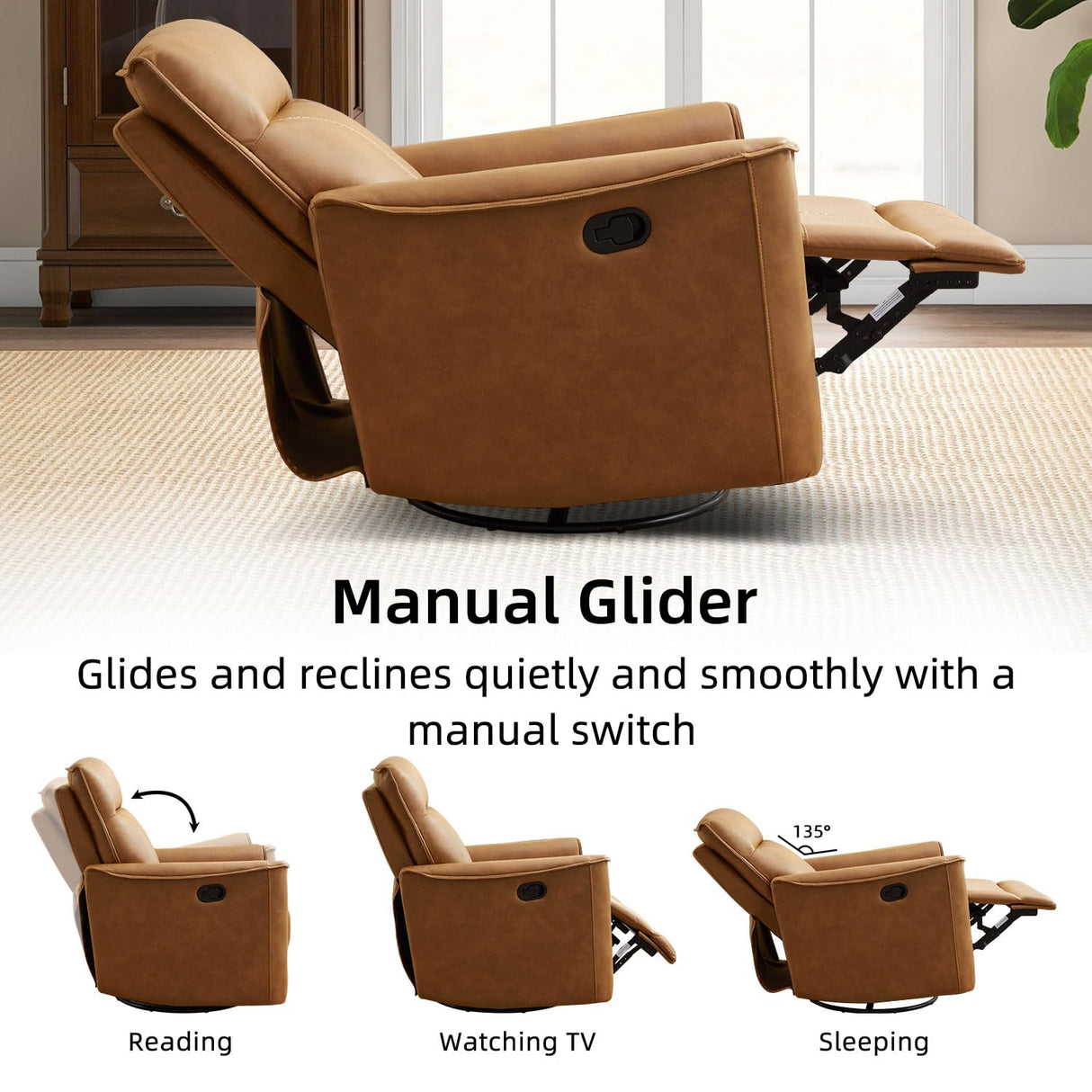 CANMOV Swivel Rocker Recliner, Glider Rocking Chair, Nursing Chairs Swivel Glider Recliners with Soft Backrest, Leathaire Manual Reclining Sofa for Living Room Bedroom Apartment, Brown CANMOV