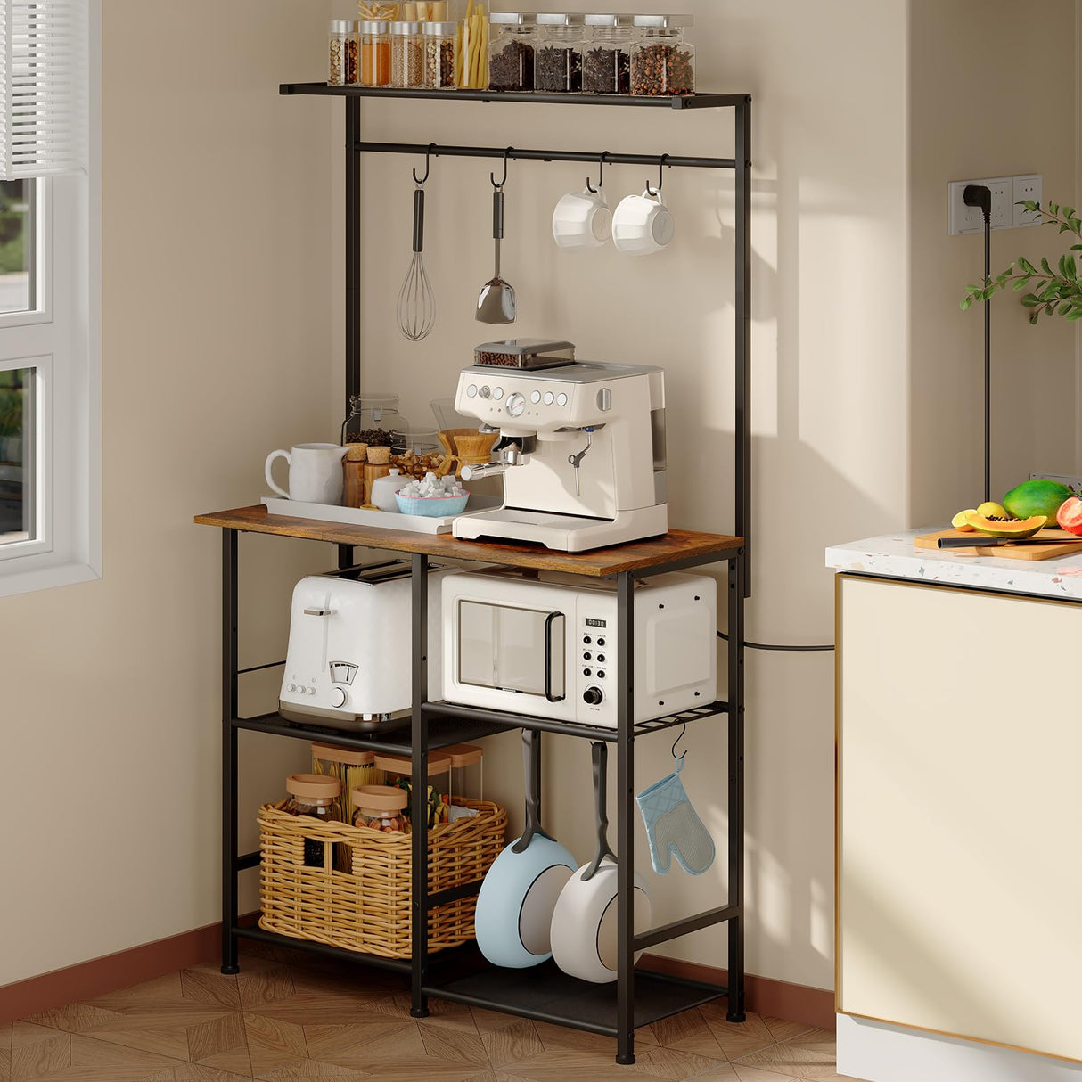 X-cosrack 60" Tall Bakers Racks for Kitchens, Microwave Stand, 4-Tiers Coffee Bar Table,with Adjustable Shelves and 6 S-Hooks,Open Shelf Storage, Kitchen Shelf for Spices, Pot Rack, Rustic Brown X-cosrack