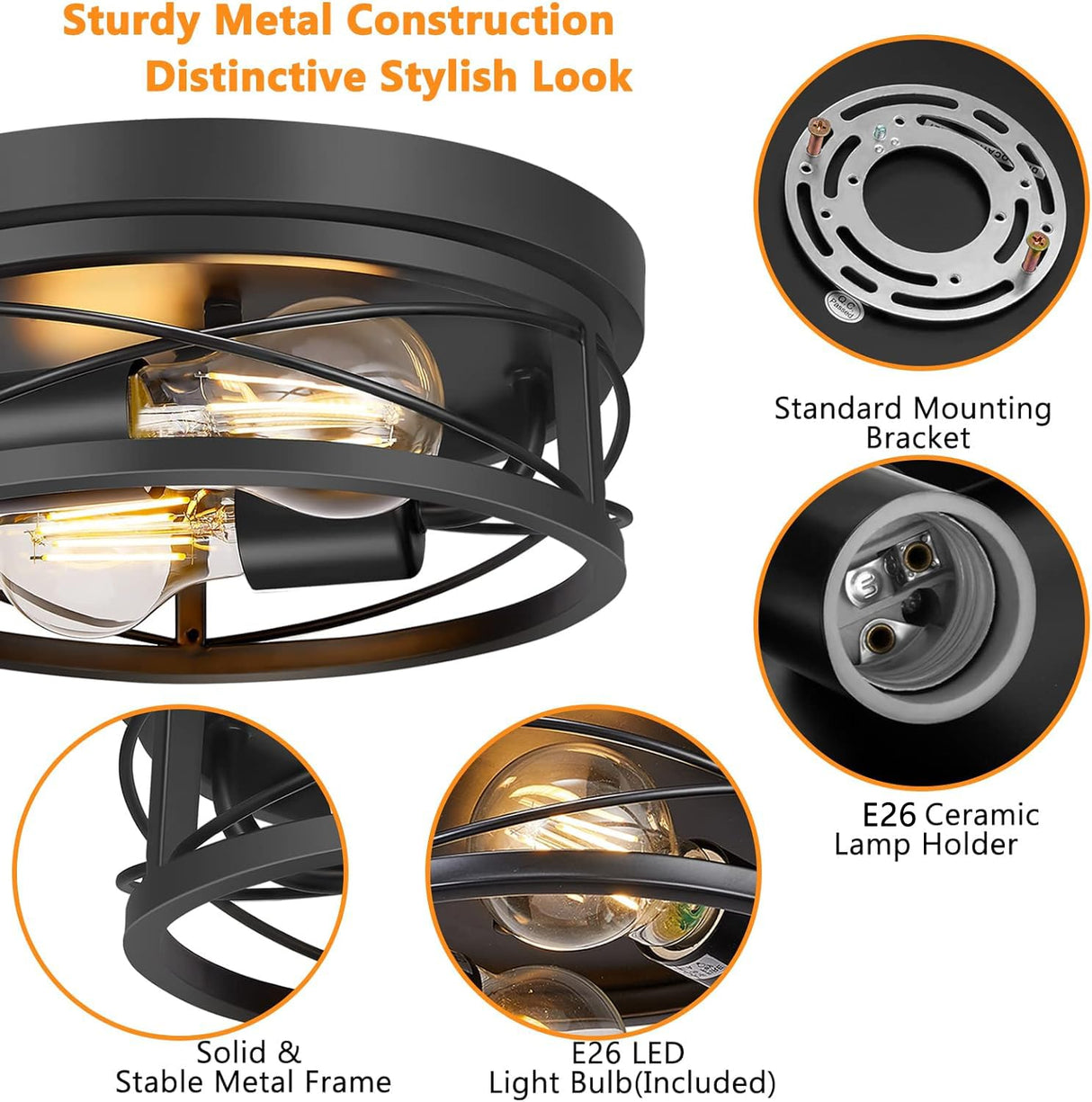 Feanron Farmhouse 2-Light Black Flush Mount Ceiling Light Fixtures, Industrial Vintage Metal Cage Closed to Ceiling Mount Lamp for Hallway Kitchen Bedroom 2 Pack, A19 LED Bulbs Included Feanron