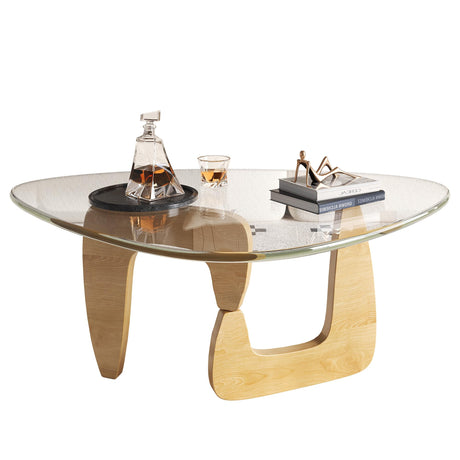 WLIVE Coffee Table, Small Glass Coffee Table with Solid Wood Legs, 32.7" Mid Century Triangle Living Room Tables, Modern Center Table for Small Spaces Living Room, Reception, Office, Natural WLIVE