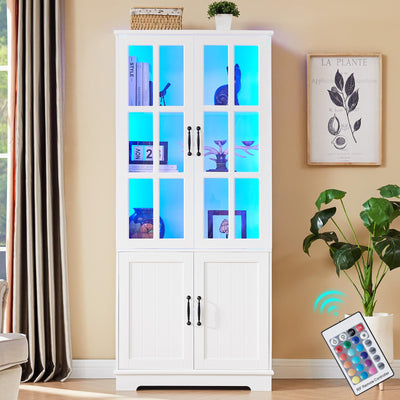 LUXOAK 71" Tall Bookshelf with Doors, LED Display Cabinet with 5-Tier Storage Shelves, White Bookcase for Study/Home Office/Living Room, 4-Door