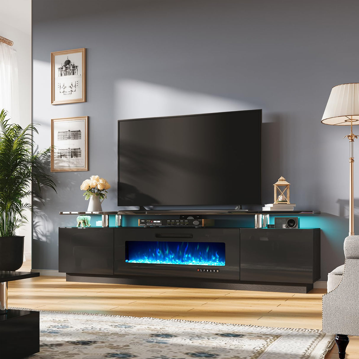 AMERLIFE Fireplace TV Stand with 40" Fireplace, 80" Modern High Gloss Fireplace Entertainment Center LED Lights, 2 Tier TV Console Cabinet for TVs Up to 90", Obsidian Black AMERLIFE