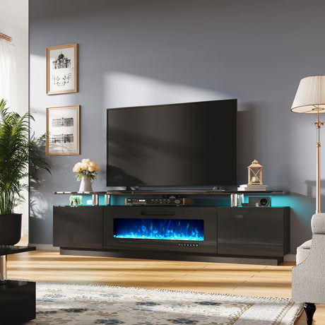 AMERLIFE Fireplace TV Stand with 40" Fireplace, 80" Modern High Gloss Fireplace Entertainment Center LED Lights, 2 Tier TV Console Cabinet for TVs Up to 90", Obsidian Black AMERLIFE