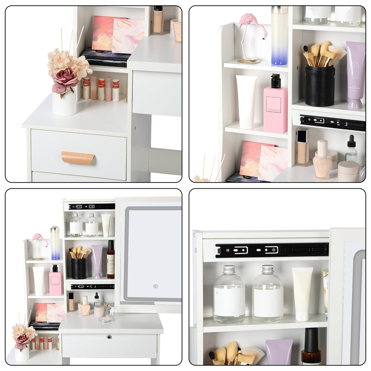 cdar Makeup Vanity Desk with Mirror and Lights, Multifunctional 3 Colour Light Modes Bedroom Dressing Table wih Drawers Shelves Chair Wooden Handles cdar