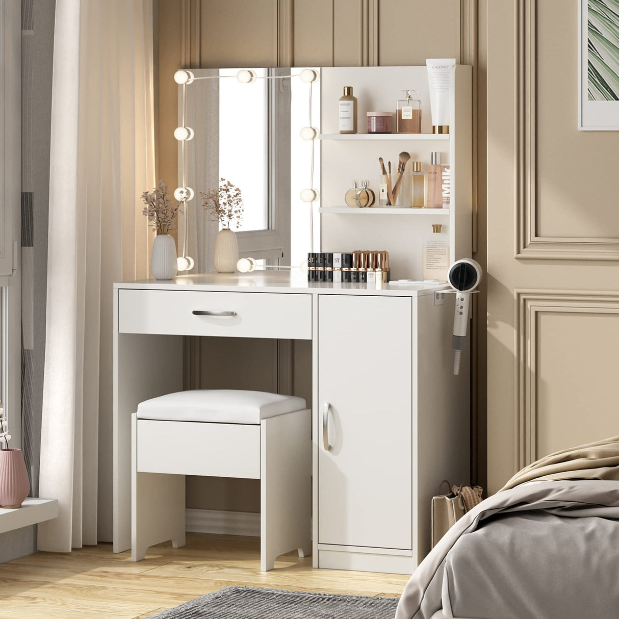 Makeup Vanity Desk with Lighted Mirror & Power Strip,Makeup Vanity Table with Lights and Lots Storage,3 Lighting Modes,35in Large Drawers Dressing Table,White Vabches