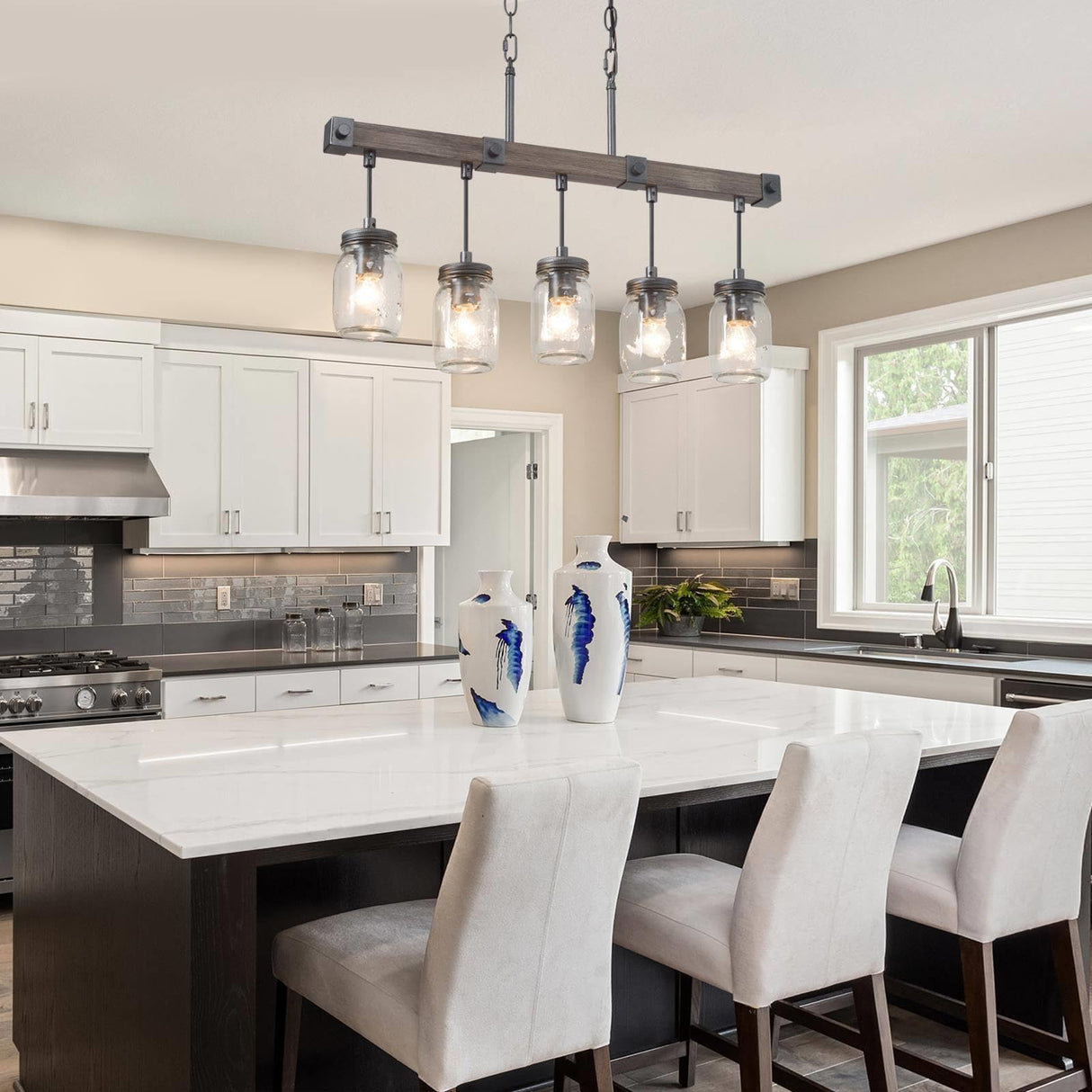 LOG BARN Farmhouse Chandeliers for Dining Room, 5 Light Mason Jar Kitchen Island Lighting, Rustic Faux Wood Island Lights for Kitchen LOG BARN