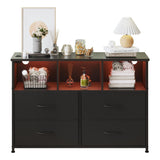 LUMTOK 4-Drawers Dresser with 3 Open Storage Shelves, Fabric Dressers Drawers for Bedroom, Hallway, Nursery, Closets, Steel Frame, Wood Top, Easy Pull Handle (Black) LUMTOK