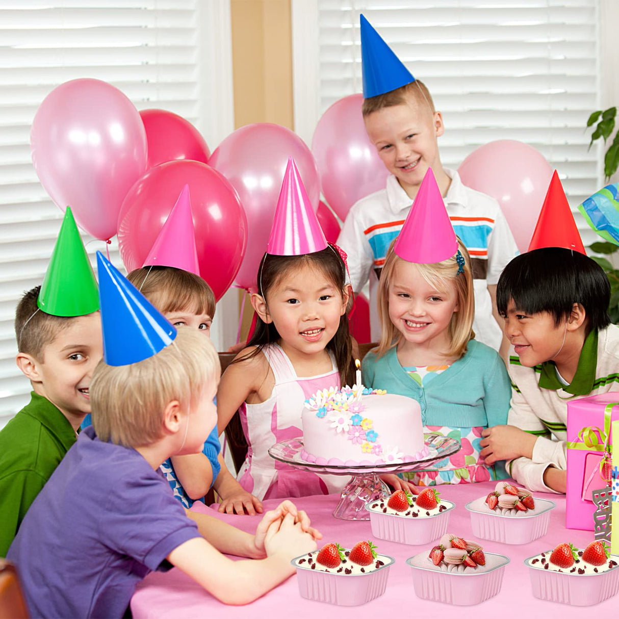 10oz Mini Cake Pans With Lids 40 Pack,LNYZQUS Aluminum Foil Square Brownie Baking Cups,Disposable 4”x4” Large Cupcake Pan,Jumbo Muffin Tin Ramekins Holders-Pink LNYZQUS