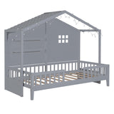 SOFTSEA Twin Size Low House Loft Bed with Shelves and Sparkling Light Stripe SOFTSEA