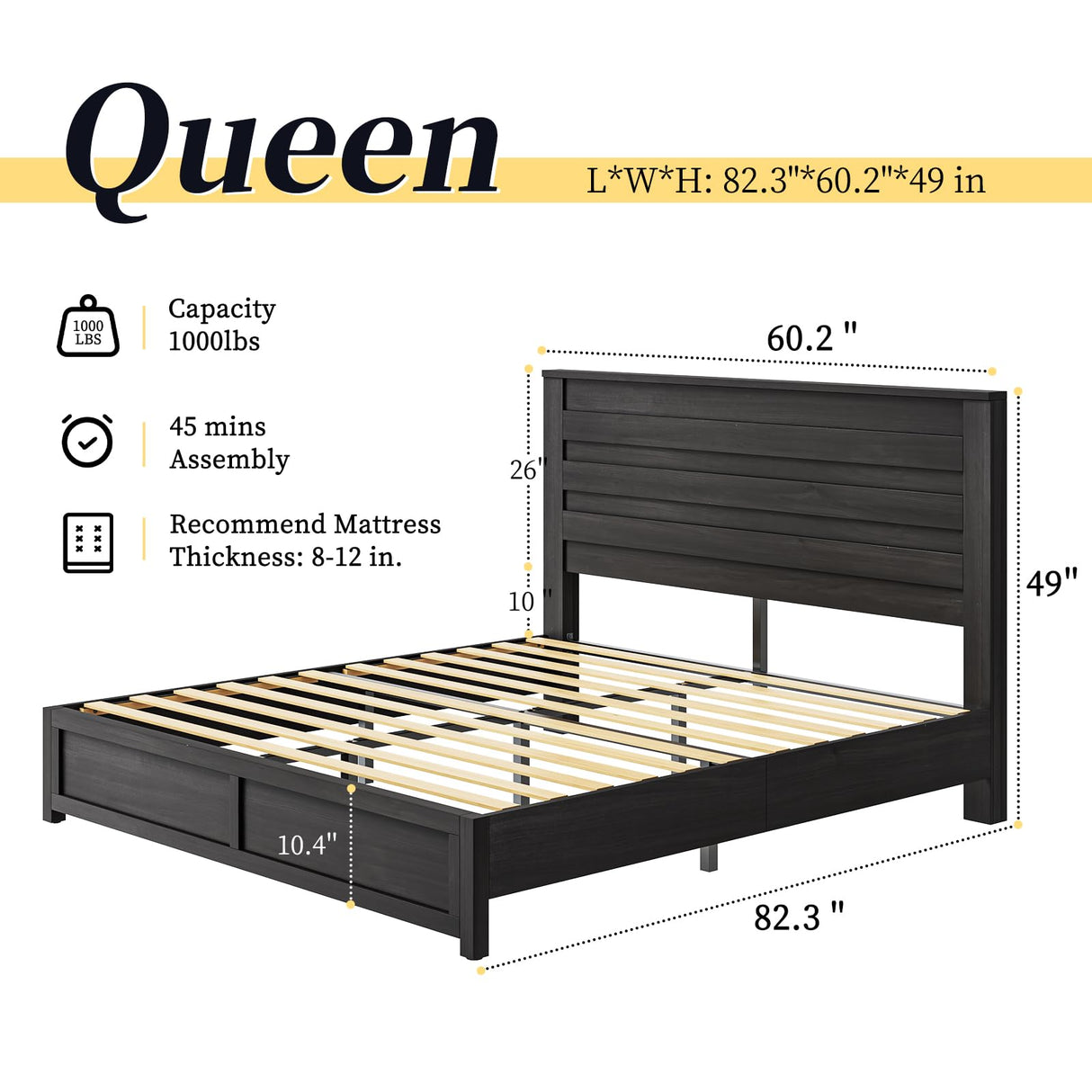 Farmhouse Queen Bed Frame with 49" Tall Headboard - LUXOAK Wooden Platform Bed, Noise-Free & No Box Spring Needed, Black LUXOAK