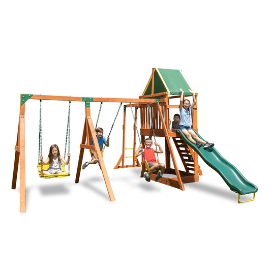 Sportspower Amazon Exclusive Olympia Wood Swing Set with 3 Swings, Slide, and Monkey Bars, Natural/Green with 8' Slide