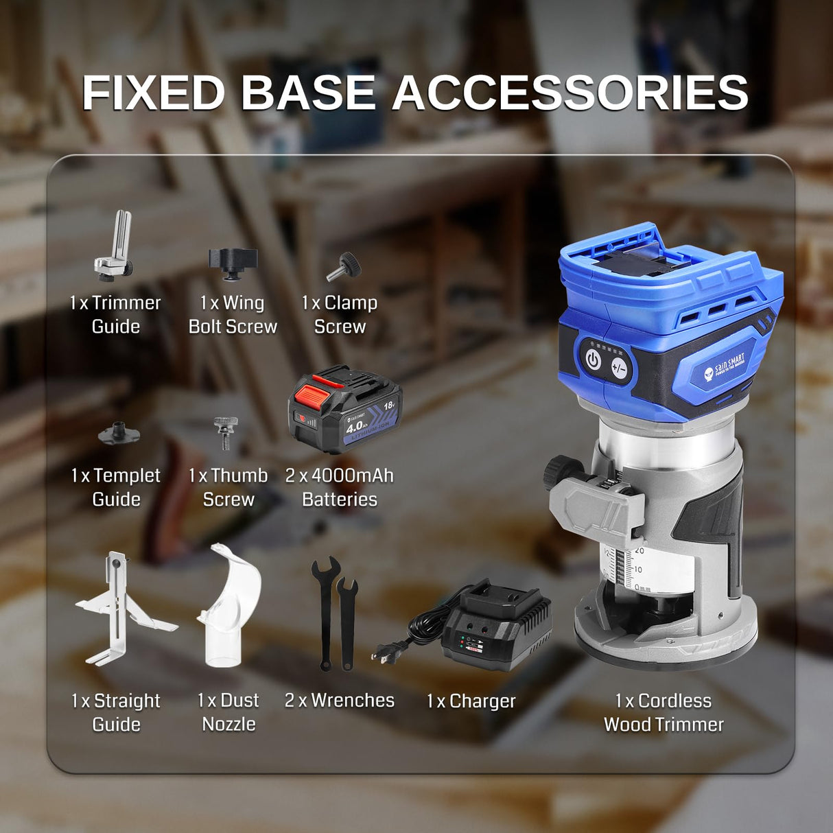 SainSmart Cordless Router With 2PCS Batteries, 18V-21V Brushless Compact Router Wood Tool, Fixed Base, 5 Level Speeds, 28000 R/MIN MAX, with 1/4” Collet, for CNC Woodworking & DIY Project SainSmart