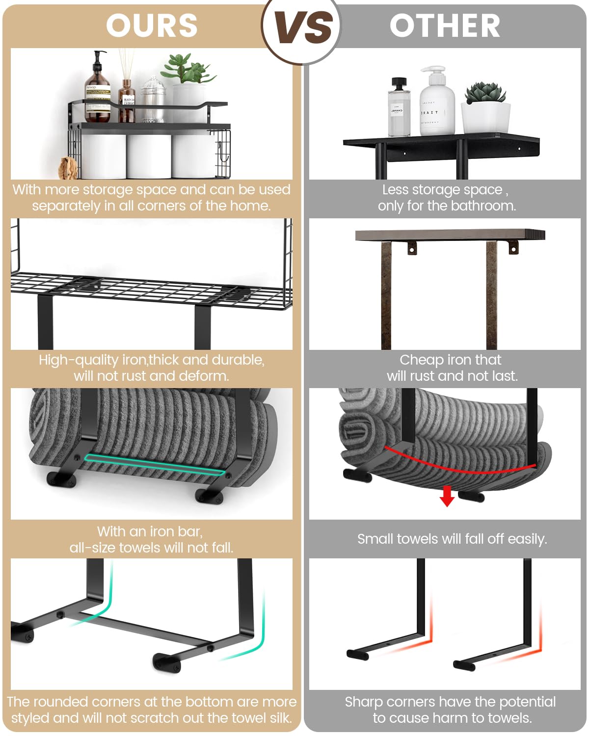 Wall Mounted Towel Rack for Bathroom - Bath Storage Holder Set Above Toilet, Rolled Towel Shelf Organizer, Wood Vertical Rack for Small Bathroom Decor, Black Aetyord