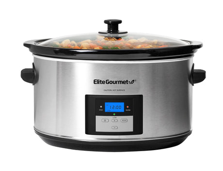 Elite Gourmet MST-900D 8.5Qt Digital Programmable XL Jumbo Slow Cooker, Adjustable Temp, Entrees, Sauces, Stews & Dips, Dishwasher Safe Glass Lid & Crock, Stainless Steel Elite Gourmet