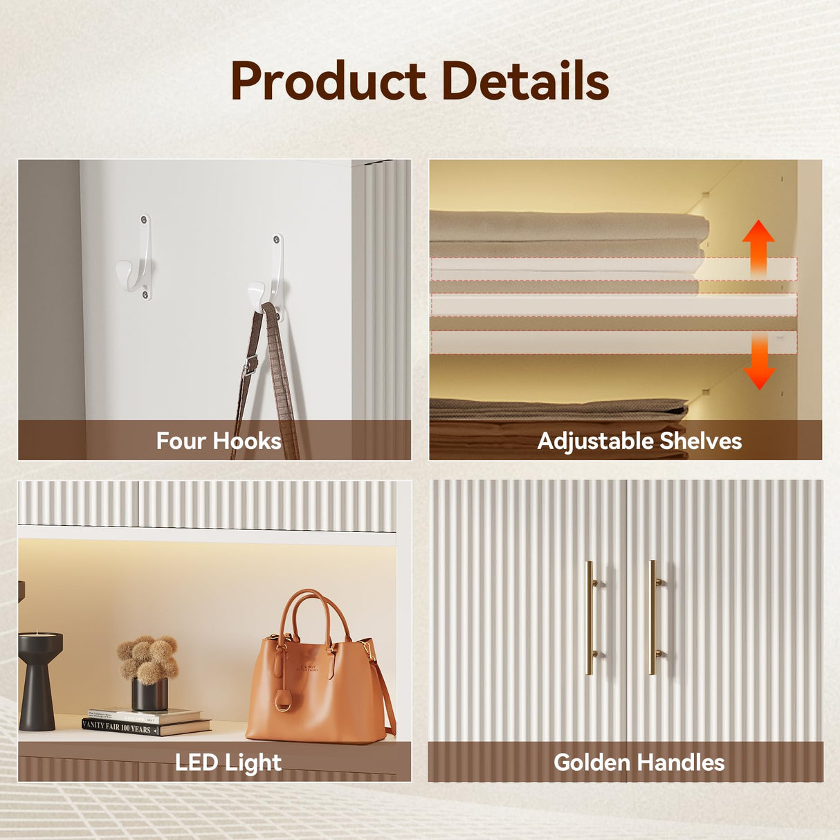 Epecoya 66-Inch Tall Shoe Cabinet with Fluted Door and LED Light for Entryway, Modern Large 9-Tier Freestanding Shoe Storage Organizer with Adjustable Shelves Open Shelf for Closet, Living Room, White Epecoya