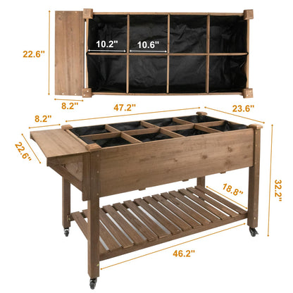 ketive Raised Garden Bed 55.5x24x32-inch Mobile Elevated Wood Planter with Lockable Wheels, Storage Shelf, Protective Liner （Brown） - WoodArtSupply