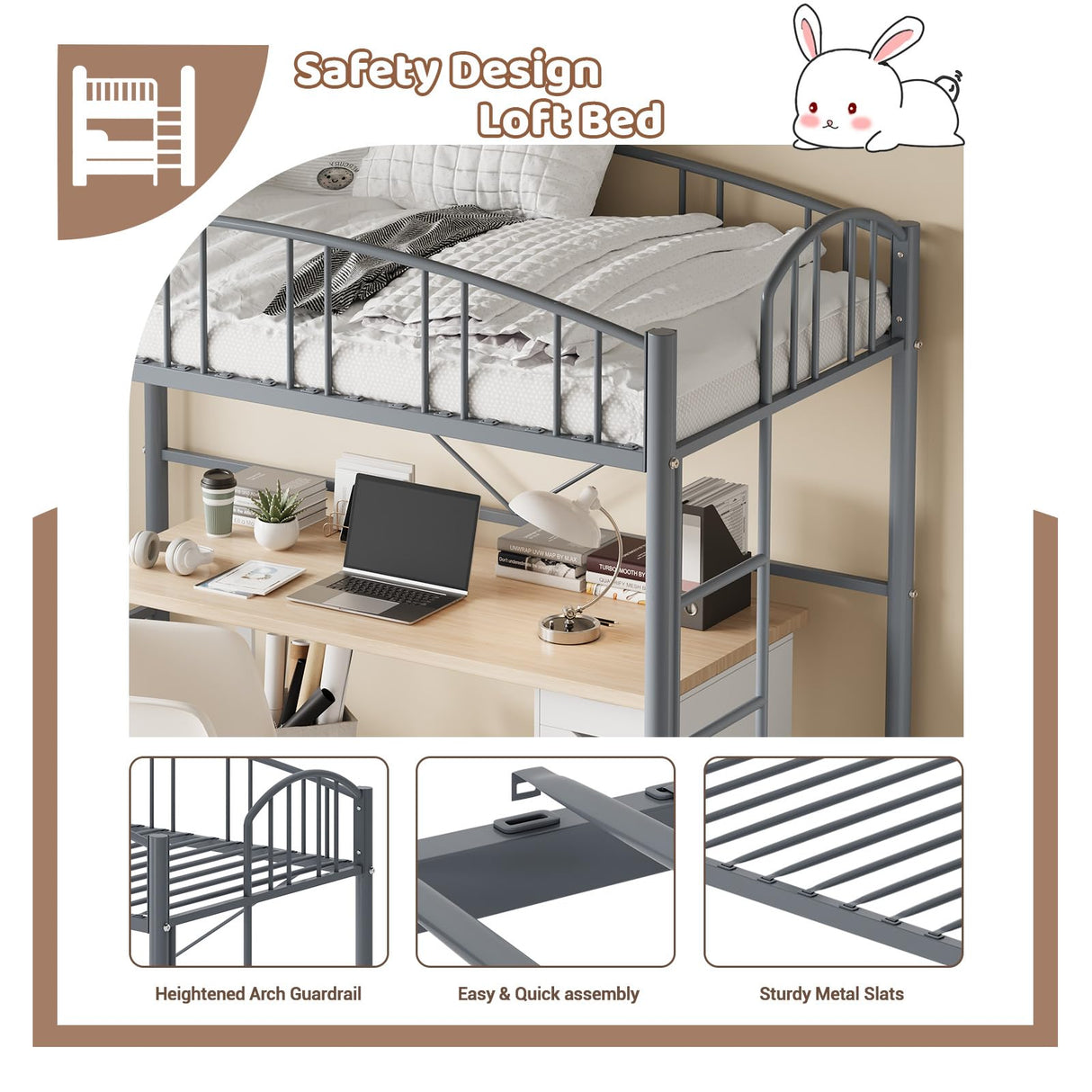 GarveeHome Loft Bed Twin Size, Heavy Duty Metal Loft Bed Frame with Arched Guardrail and Safety Ladder, Space-Saving, No Box Spring Needed, Matte Gray GarveeHome