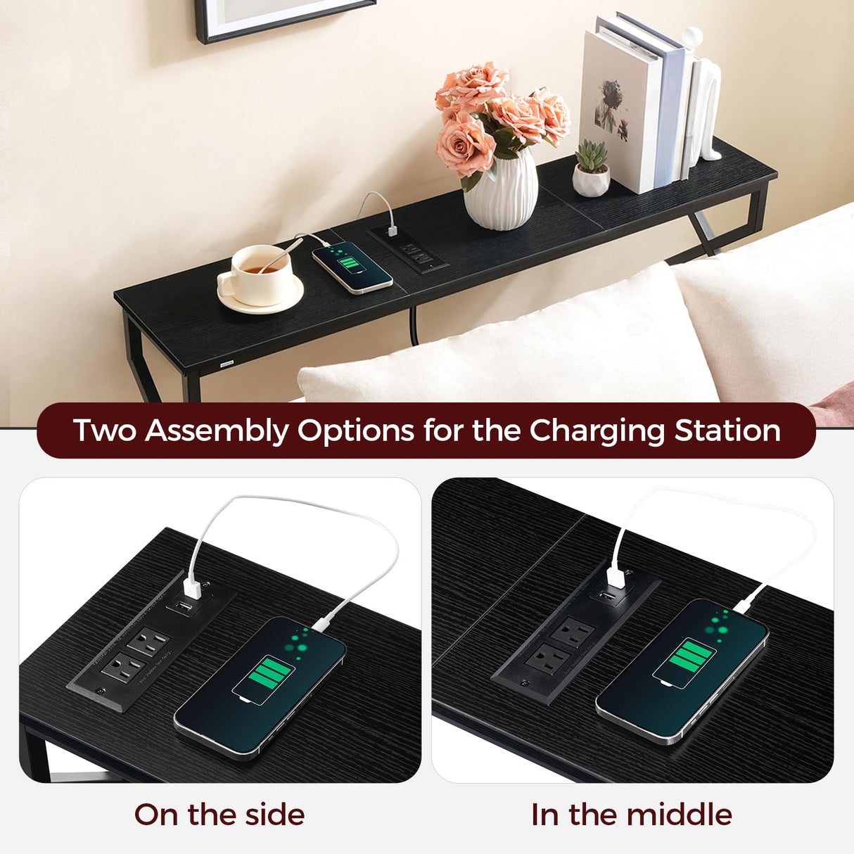 MAHANCRIS Console Sofa Table, 44.9" Entryway Table with Power Station, Narrow Couch Table, Hallway Table, Sofa Table with USB Ports, Metal Frame, for Entrance, Living Room, Black CTHB113E01 MAHANCRIS