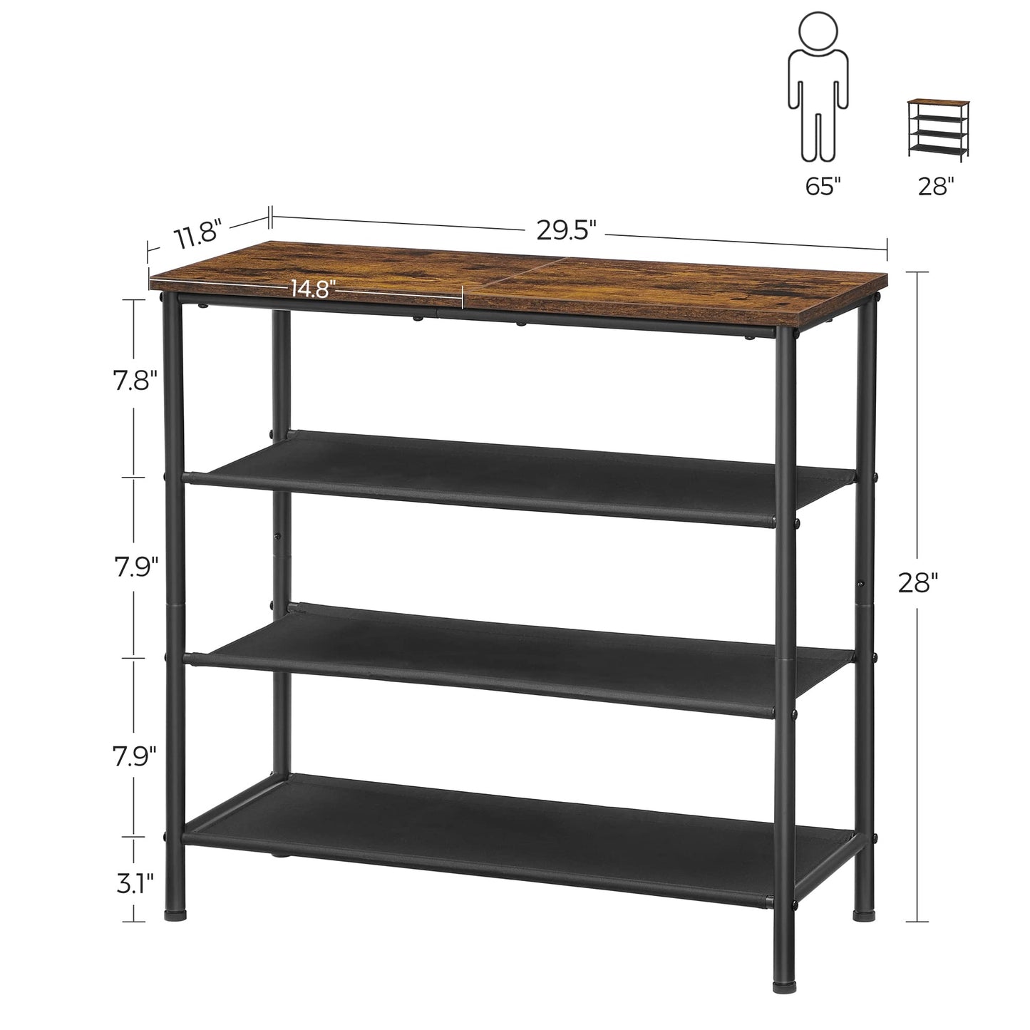 VASAGLE Shoe Rack, 4 Tier Shoe Storage Rack for 9-12 Pairs of Shoes, Shoe Organizer for Entryway, with 3 Fabric Shelves and Wooden Top, Steel Frame, Industrial, Rustic Brown and Black ULBS035B01