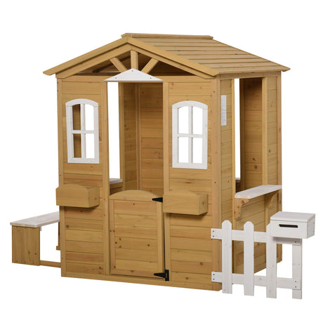 Outsunny Outdoor Playhouse for Kids Wooden Cottage with Working Doors Windows & Mailbox, Pretend Play House for Age 3-6 Years Outsunny