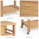 Giantex Kitchen Island, Bamboo Island Cart, Kitchen Trolley Cart on Wheels, Rolling Kitchen Cart, 2 Drawers, Towel Rack, Casters with Lock (Natural) Giantex