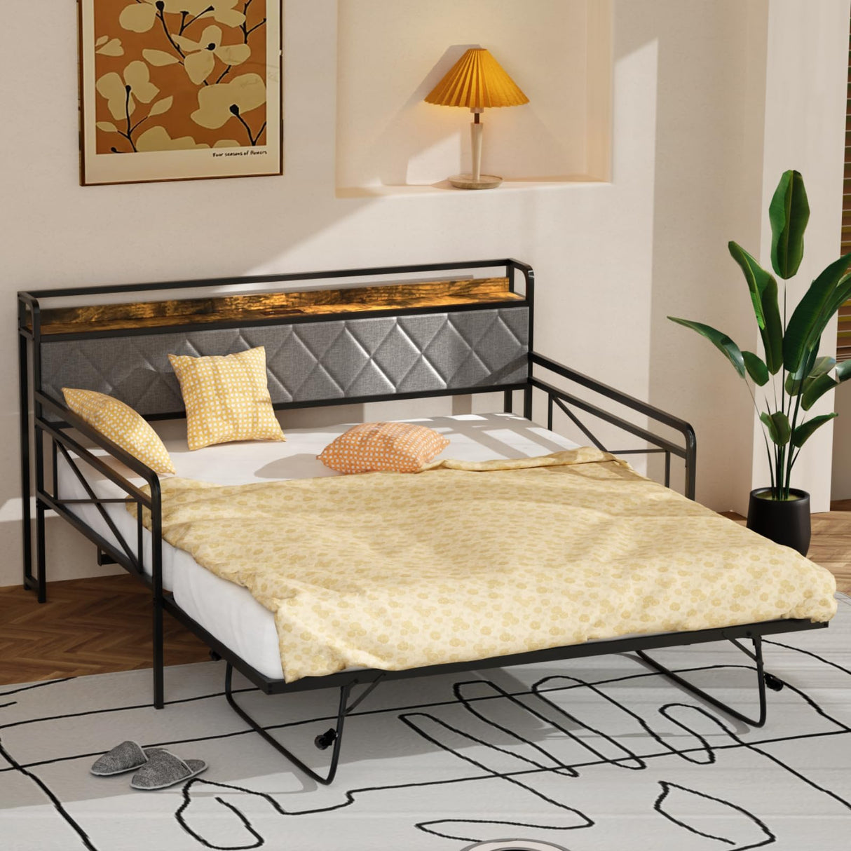 VINGLI Twin Daybed with Trundle Bed, Sofa DayBed with LED Light & Charing Station, Upholstered Bed Frame with Storage Headboard and Heavy Duty Metal Slats, for Living Room, Bedroom, Guest Room, Gray VINGLI