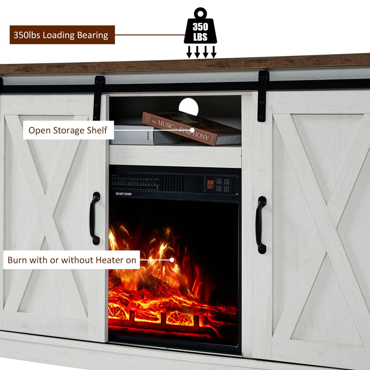 AMERLIFE Fireplace TV Stand with Sliding Barn Door for TVs up to 73", Farmhouse 63" Fireplace Entertainment Center with Storage Cabinets/Adjustable Shelves, Distressed White & Barnwood AMERLIFE