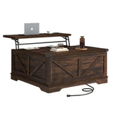 Hlivelood 40” Large Farmhouse Lift Top Coffee Table with Power Outlets and Large Hidden Storage, Square Wood Living Room Tables, Multi-Function Lift Wooden Barn Door Center Table, Brown Hlivelood