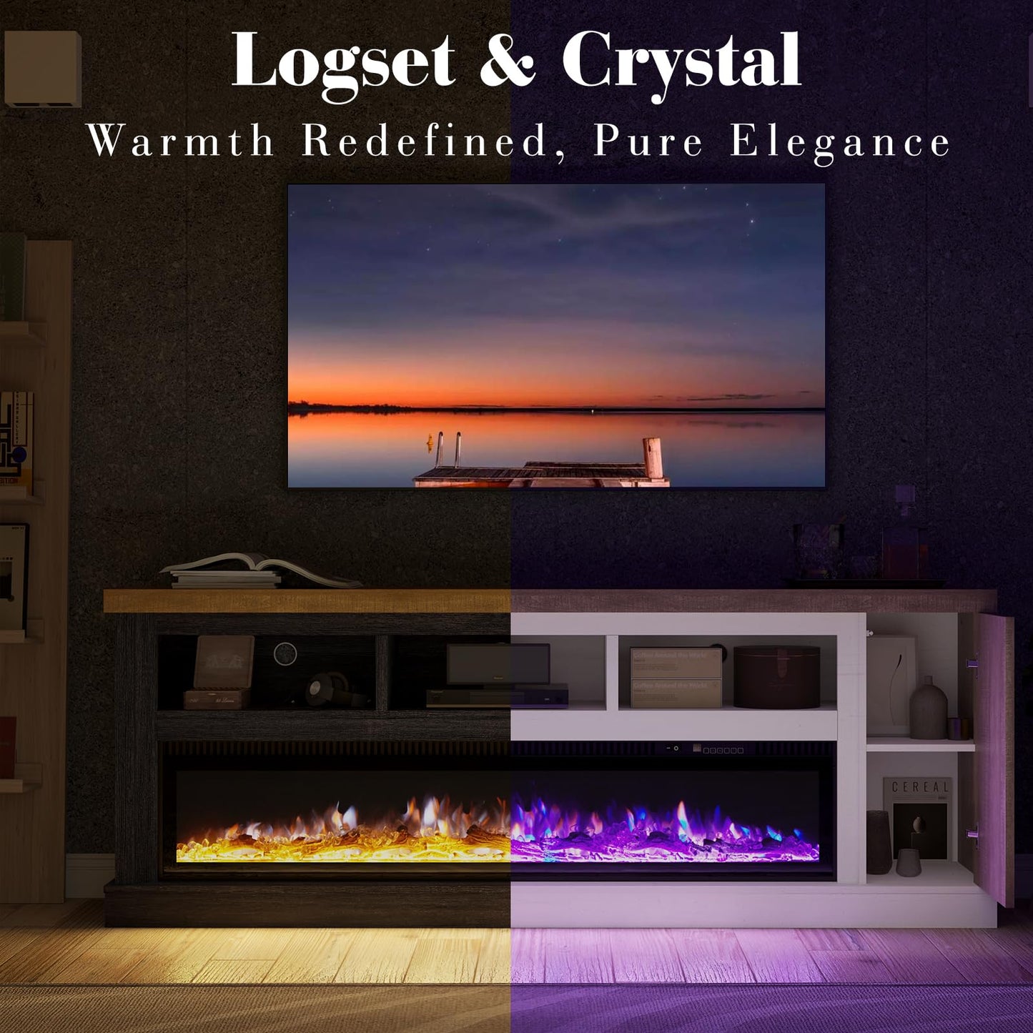 LUXOAK 75” Fireplace TV Stand with 60” Electric Fireplace, Chunky Entertainment Center with Wood Grain, Color Clash Entertainment Stand for TVs up to 85”, White&Grey