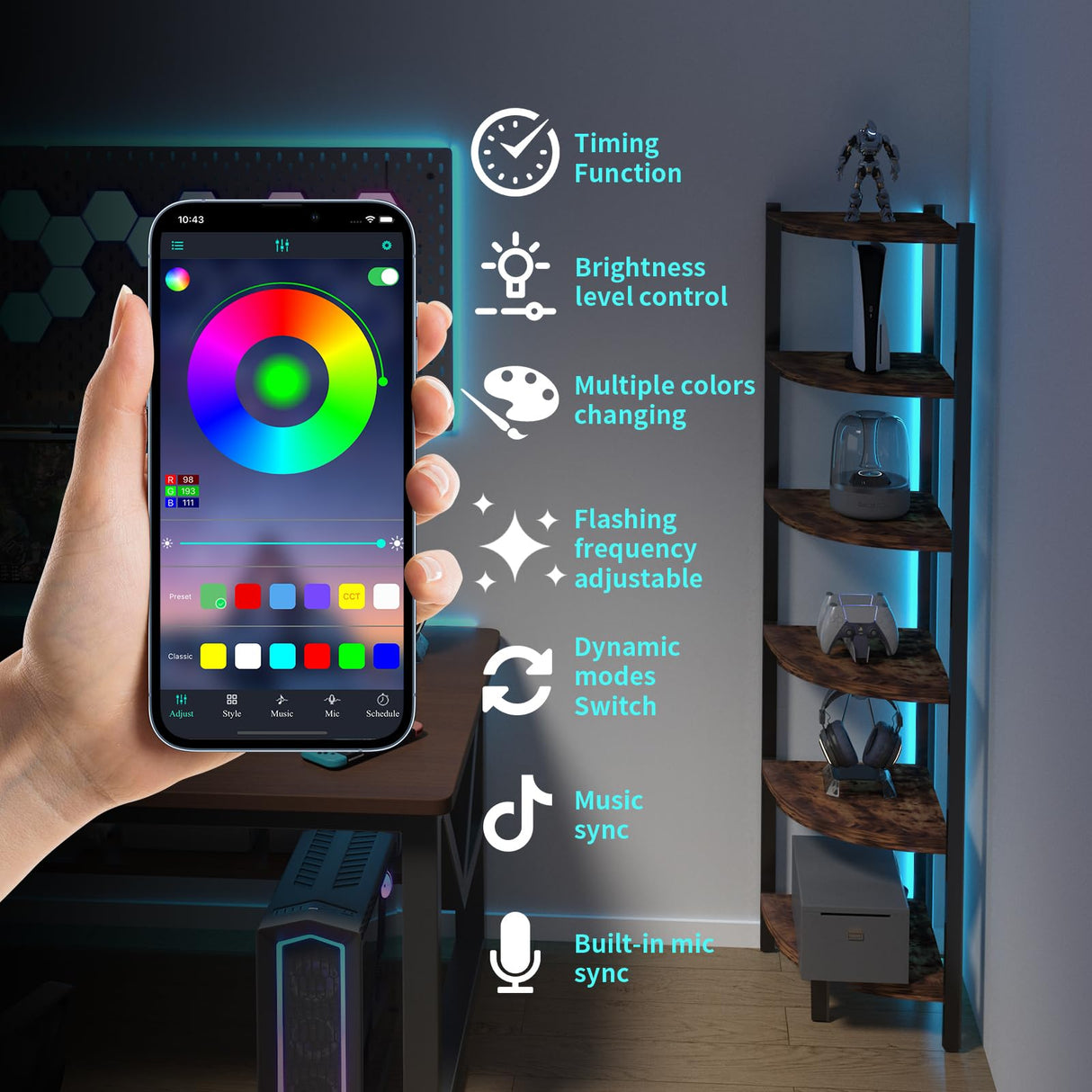 HONGOUZWL Corner Shelf with LED Lights, 6-Tier Corner Bookshelf, 66'' Organizer Book Shelf Shelves Steel Frame Display Stand with Living Room, Bedroom, Study, Rustic Brown HONGOUZWL