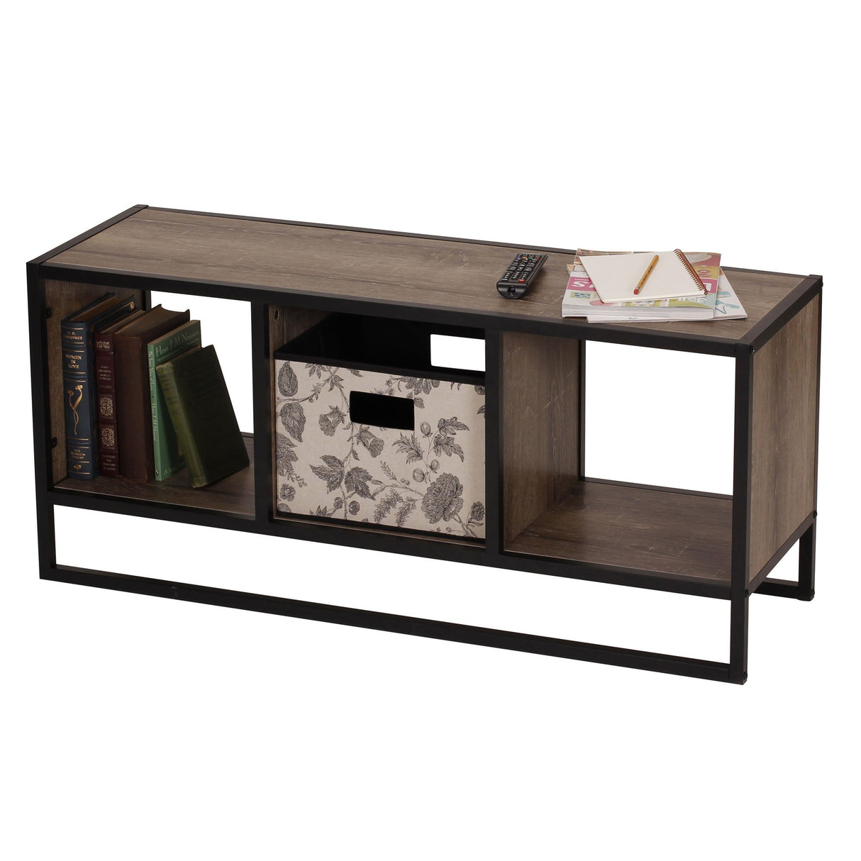 Household Essentials Jamestown TV Stand Coffee Table with Square Cube Storage Compartments Ashwood Rustic Wood Grain and Black Metal Household Essentials