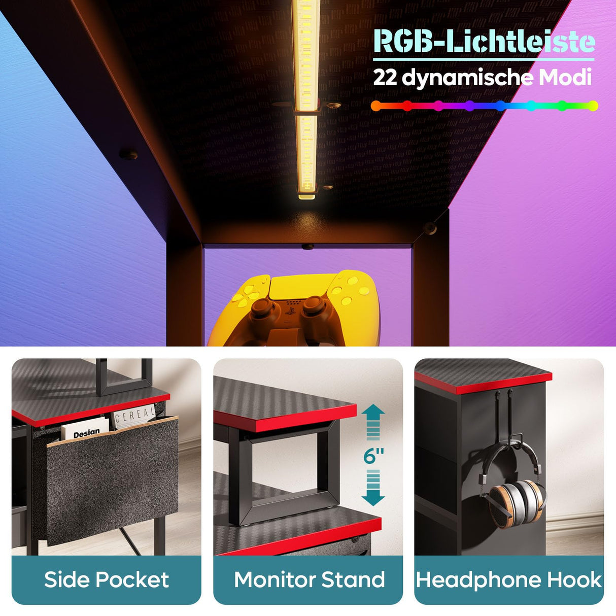 Bestier Small L Shaped Gaming Desk with LED Lights, 42 Inch Computer Desk with Monitor Stand, Open Storage Cabinet & Side Storage Bag, Corner Desk with Hooks for Bedroom Home Office Bestier