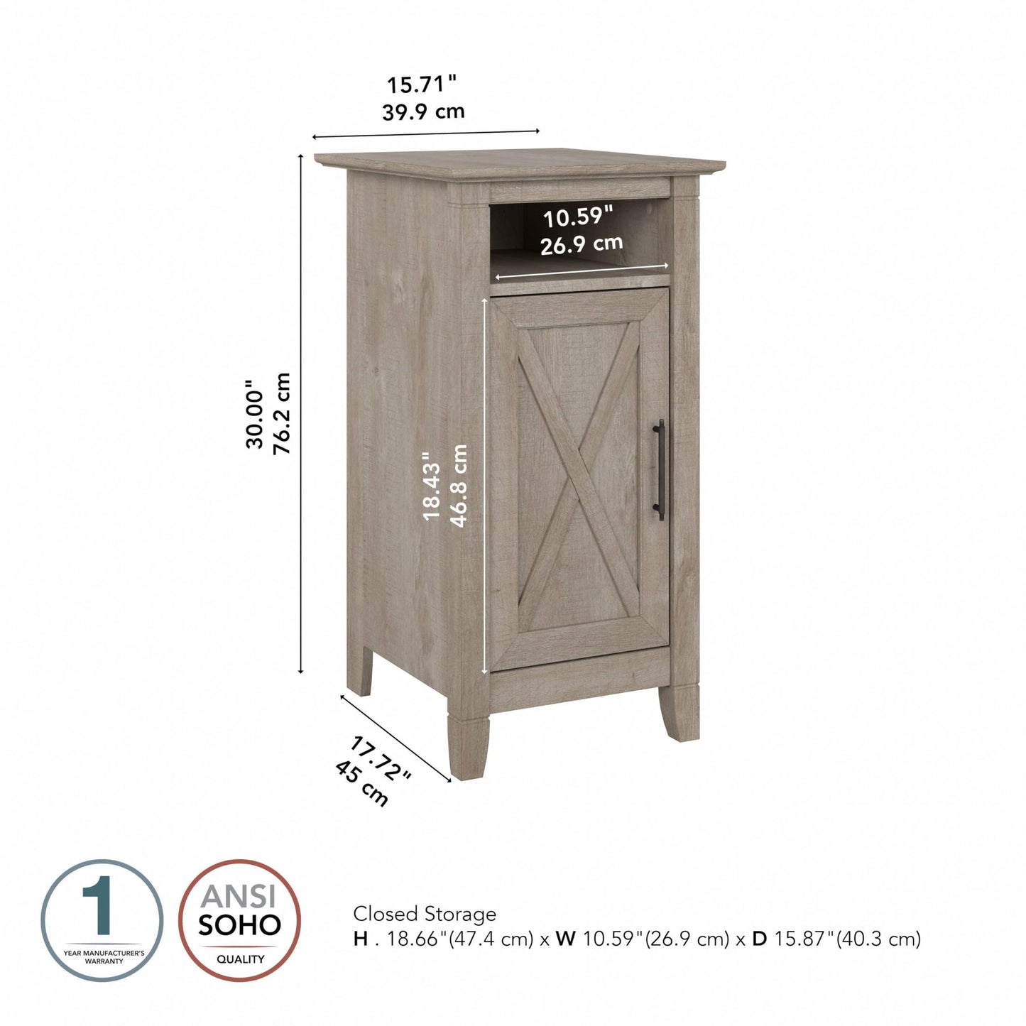 Bush Furniture Key West Nightstand with Door, Washed Gray - WoodArtSupply