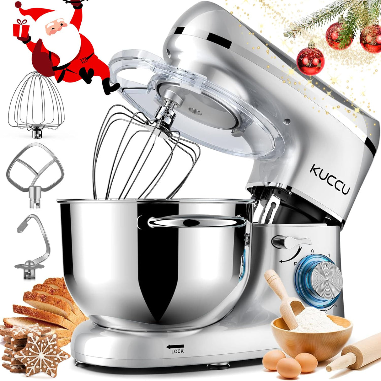 KUCCU Stand Mixer, 6.5 Qt 660W, 6-Speed Tilt-Head Food Dough Mixer, Kitchen Electric Mixer with Stainless Steel Bowl,Dough Hook,Whisk, Beater, Egg white separator (6.5-QT, Silver) KUCCU