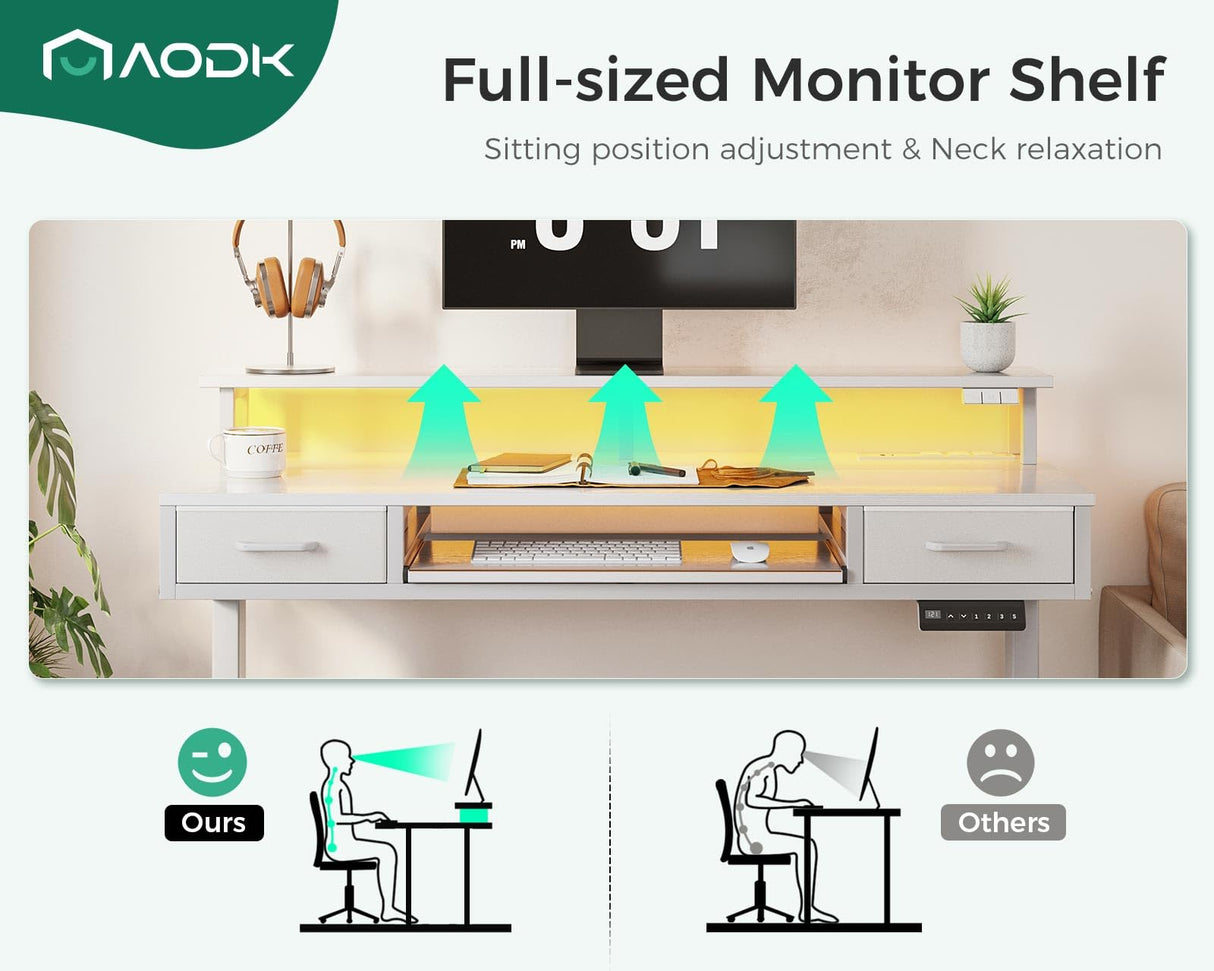 AODK White Standing Desk with 2 Drawers & Keyboard Tray and USB & LED Lights, Height Adjustable Desk 47 Inch with Power Outlets & LED Lights, Stand Up Desk with Monitor Shelf AODK