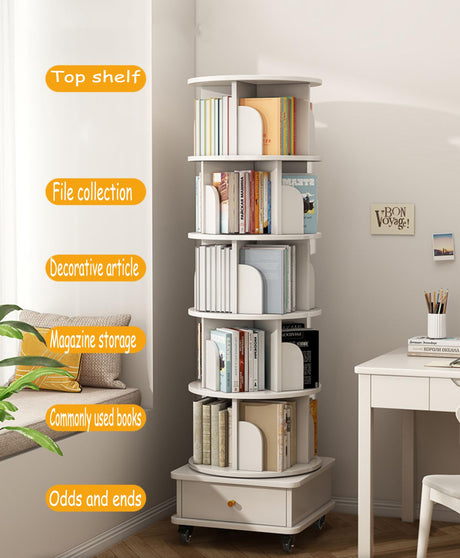 TruRim 360° Rotating Small Space Bookshelf – White Wooden Tower with Six-Tier Storage for Home Use TruRim