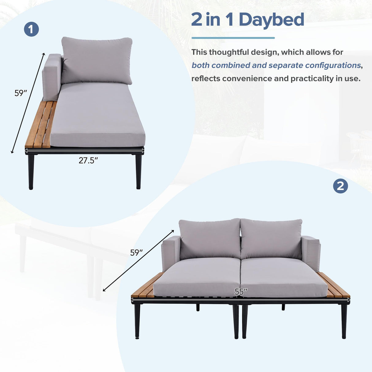Polibi Patio Metal Daybed with Wood Topped Side Spaces for Drinks,Modern Outdoor Daybed 2 in 1 Padded Chaise Lounges for Poolside, Balcony, Deck,Gray Polibi
