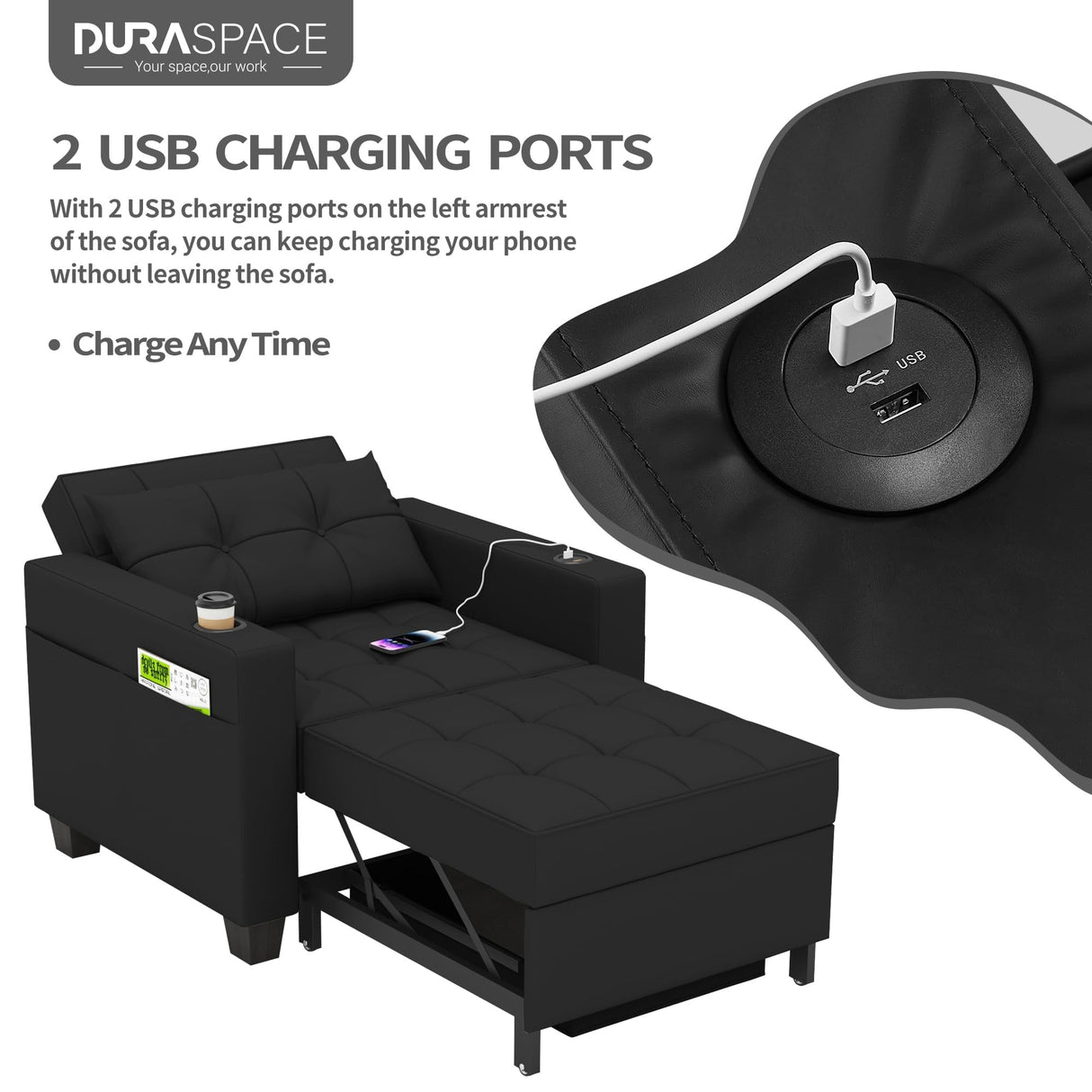 DURASPACE 39 inch Futon Chair Bed Convertible Chair 3-in-1 Pull Out Sleeper Reading Chair Beds with USB, Armchair Sleeper Bed for Living Room, Dorm, Small Space (Black Faux Leather) DURASPACE