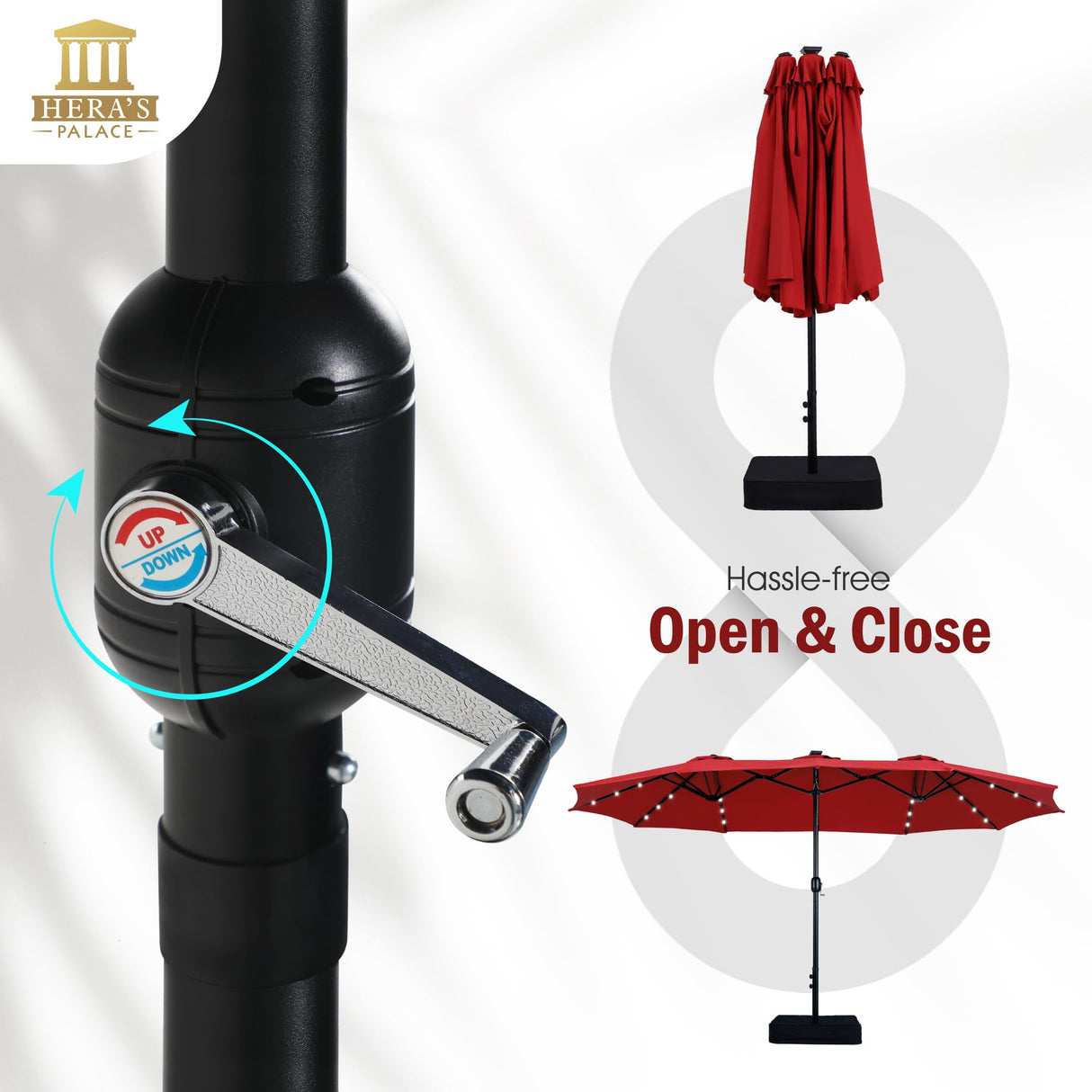 HERA'S PALACE 15 ft Patio Umbrella with 36 LED Solar Lights, Double Sided Outdoor Umbrella for Patio, Table Umbrella Outdoor Patio with Base for Garden Pool HERA'S PALACE