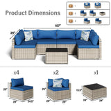 RESOM 7-Piece Gray Rattan Patio Furniture Sets, Outdoor Conversation Sofa Sets with Water Resistant Blue Cushions & Tempered Glass Coffee Table, Modular Outdoor Sectional Sofa Sets with 2 Pillows RESOM