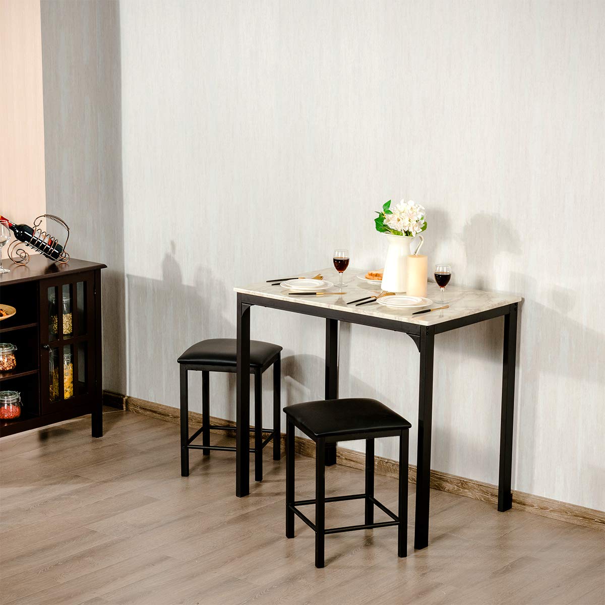 Giantex 3 Pcs Dining Table and Chairs Set with Faux Marble Tabletop 2 Chairs Contemporary Dining Table Set for Home or Hotel Dining Room, Kitchen or Bar (White & Black) Giantex