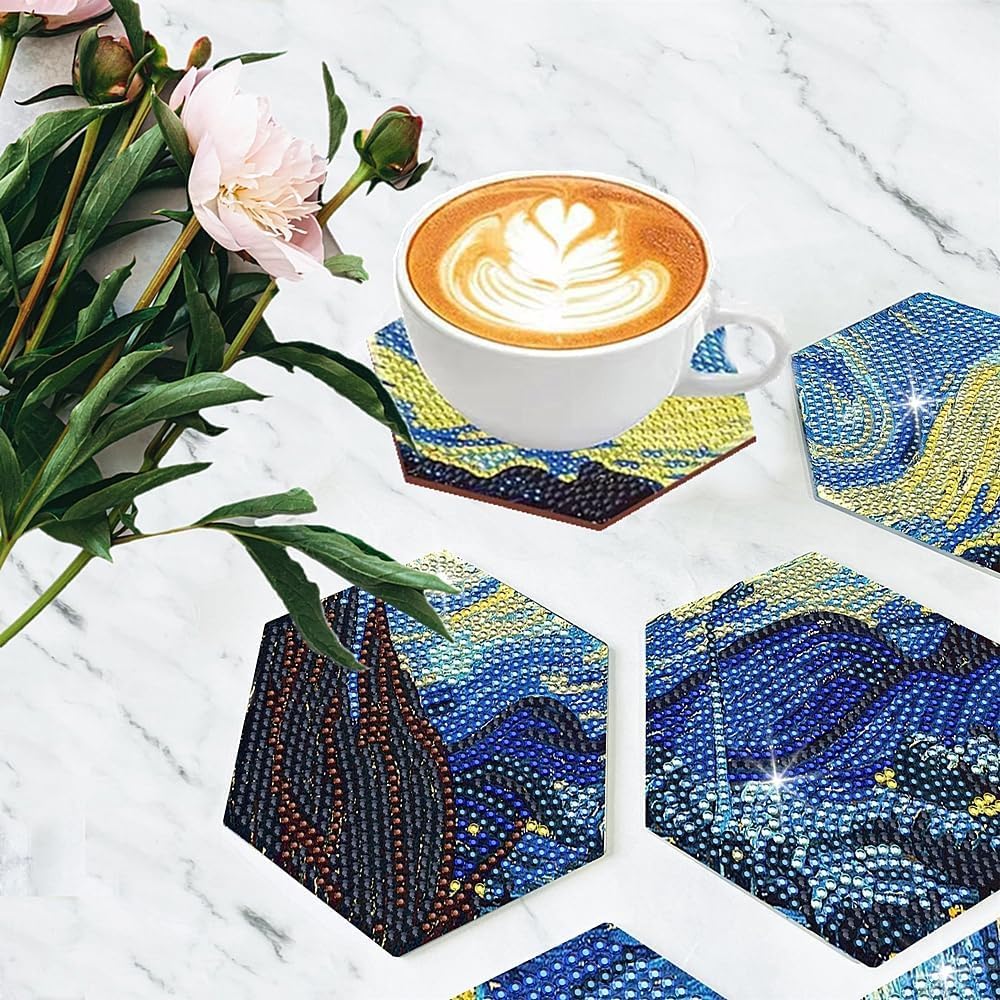 Diamond Art Coasters Van Gogh Starry Night, 7 PCS Diamond Art Hexagonal Coasters with Holder, Small Diamond Painting Kits for Adults Beginners NUFTVI