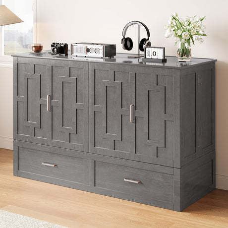 BALUS Murphy Bed Queen Size, Convertible Cabinet Bed with Tri-Fold Mattress and USB Charging Station, Foldable Night Stand Trays, Storage Drawer, Space Saving - Grey BALUS